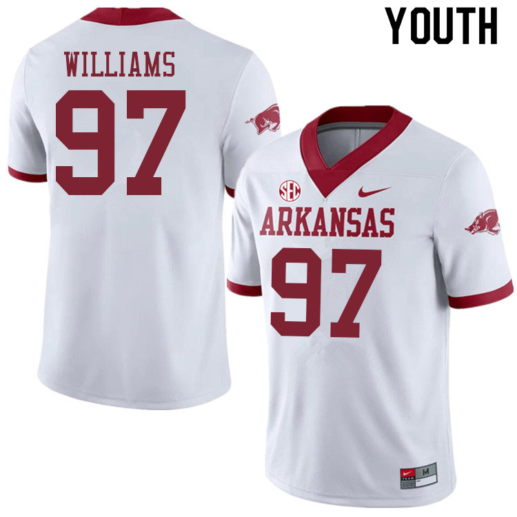 Youth #97 Jalen Williams Arkansas Razorbacks College Football Jerseys Sale-Alternate White - Click Image to Close